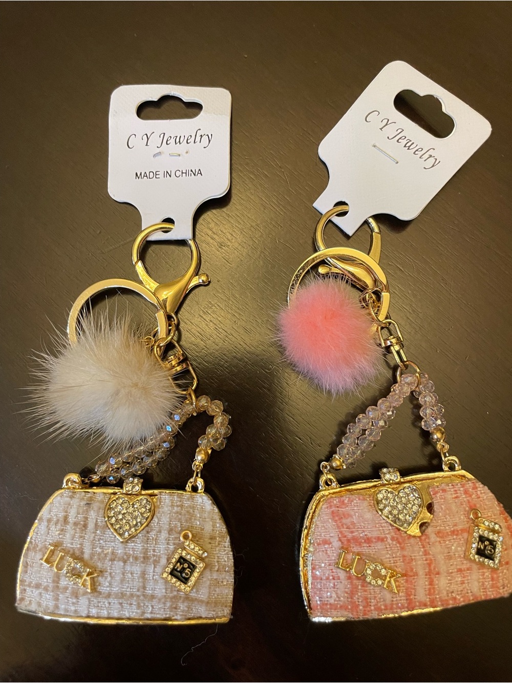 Women’s Pink & Cream Bag Charm Keychain Set